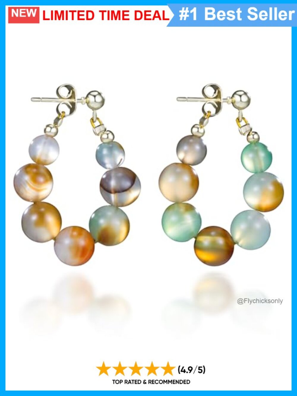 Gold Plated Agate Beaded Hoop Earrings Hypoallergenic Natural Quartz Boho